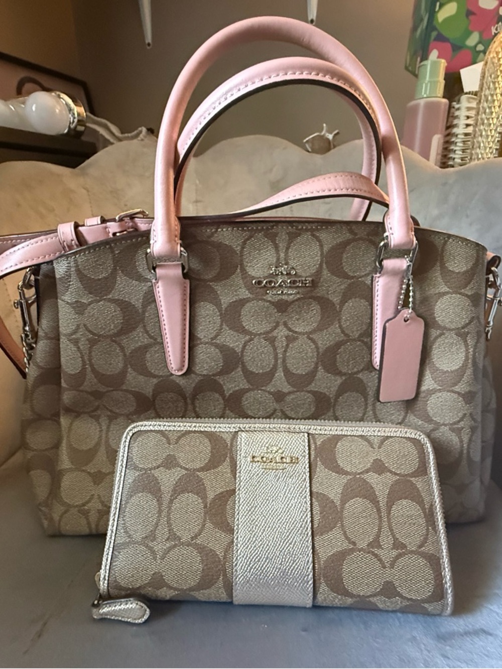 Coach Signature Canvas Satchel with Pink Leather Trim and Matching Wallet